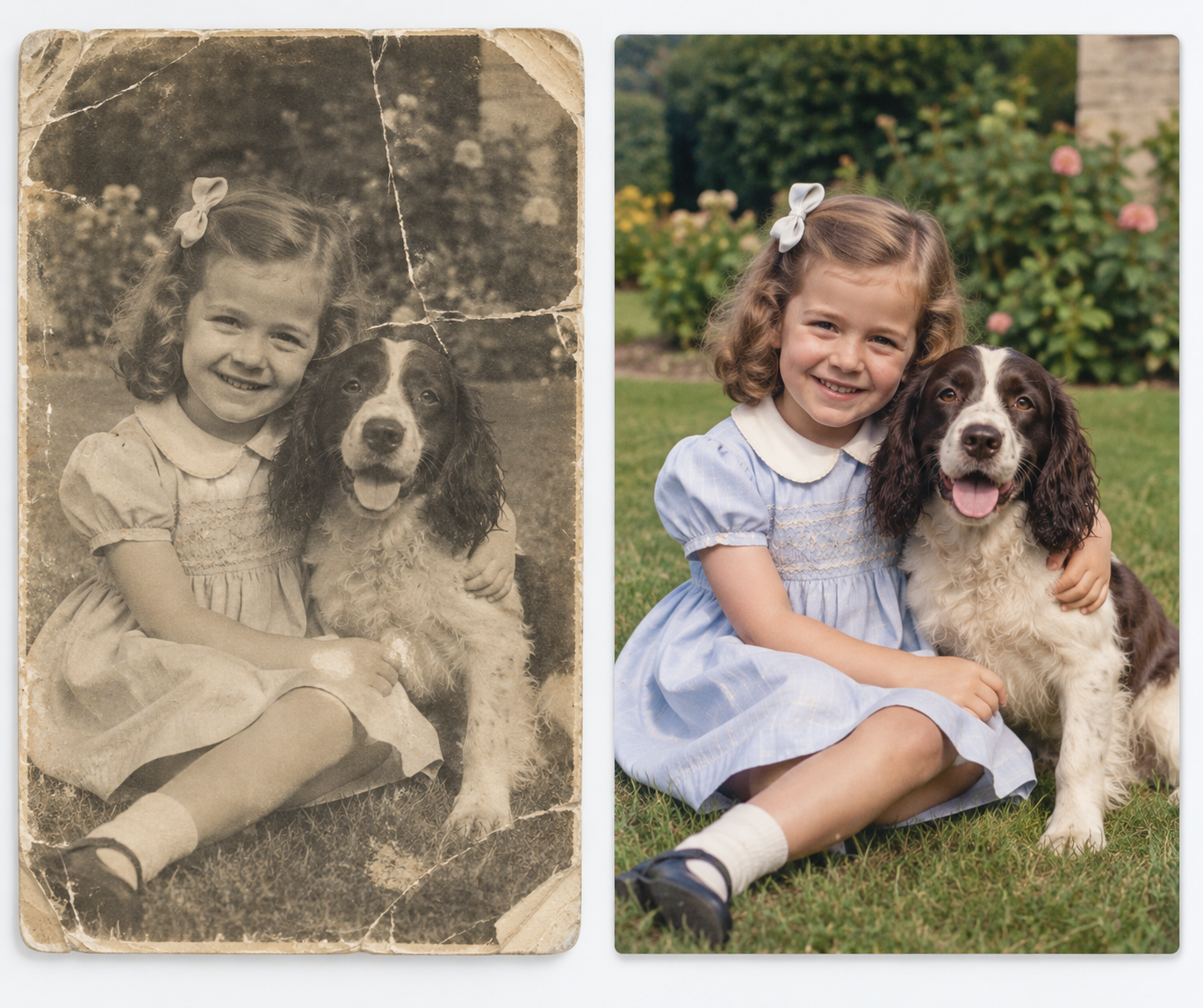 Original aged photograph alongside its restored version